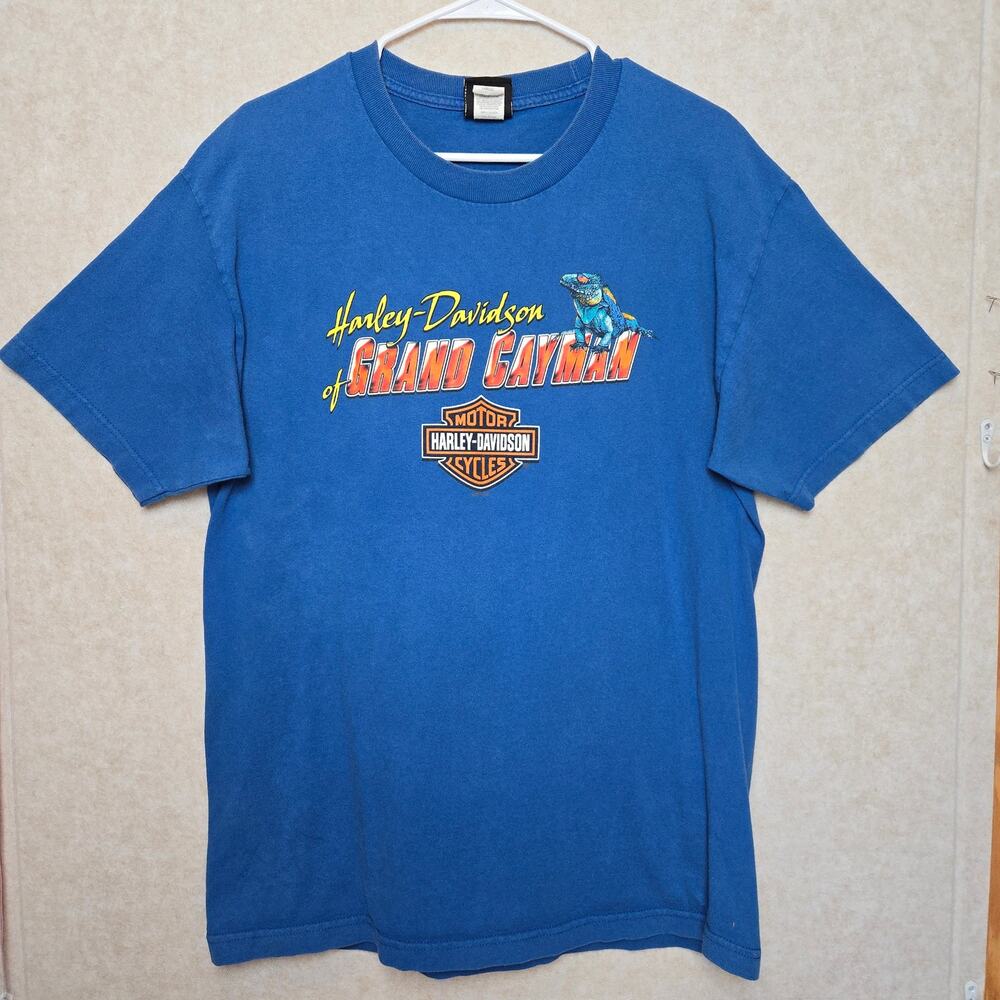 Harley Davidson Grand Cayman Mens Large Blue Iguana Motorcycle Graphic T Shirt